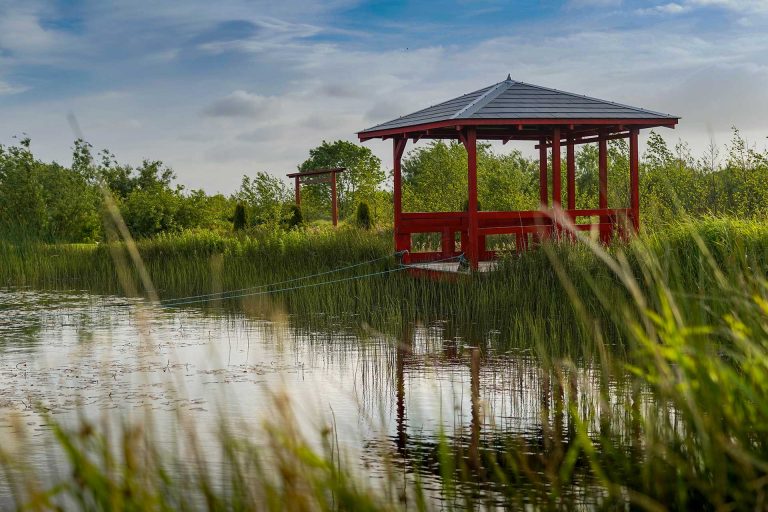 Japanese tea house on the edge of a lake